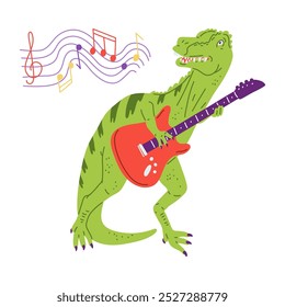 Vektorgrafik eines Tyrannosaurus Rex, der in einer Disco eine E-Gitarre spielt. Das niedliche Design zeigt einen lustigen Dinosaurier einzeln auf weißem Hintergrund.