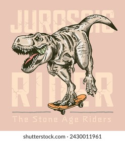 Vector illustration of Tyrannosaurus Rex riding a skateboard. Art with composition with lettering. Editable design for posters, prints on t-shirts, etc.