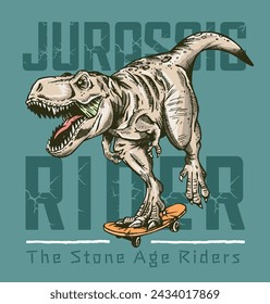 Vector illustration of Tyrannosaurus Rex riding a skateboard. Art with composition with lettering. Editable design for posters, prints on t-shirts, etc.