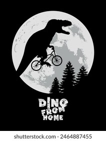 Vector illustration of Tyrannosaurus Rex silhouette riding a bicycle in front of the Moon.	