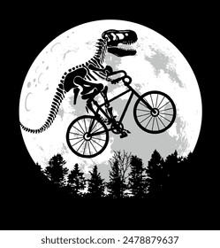 Vector illustration of Tyrannosaurus Rex silhouette riding a bicycle in front of the Moon.