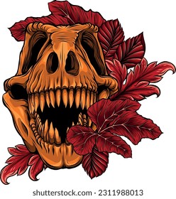 vector illustration of Tyrannosaurus rex skull and leaves