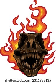 Vector illustration of Tyrannosaurus rex skull with flames on isolated background .