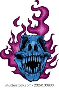 Vector illustration of Tyrannosaurus rex skull with flames on isolated background .