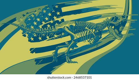 Vector illustration of tyrannosaurus T rex skeleton with american flag