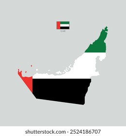 Vector illustration of UAE map overlaid with the national flag, highlighting the country's geographic outline combined with its national colors.