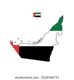 Vector illustration of UAE map overlaid with the national flag, highlighting the country's geographic outline combined with its national colors.