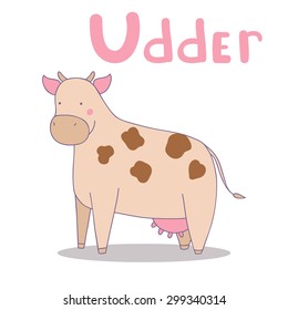 Vector illustration of udder cow. Cute alphabet in vector. U letters. Funny cartoon. 