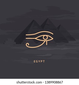 Vector illustration of the Udjat icon also the eye of Ra or the eye of Horus, the left falcon eye of the god Horus isolated on a vector background of the Egyptian pyramids handcrafted.