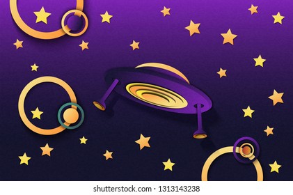Vector illustration of a UFO or alien spacecraft flying in space.