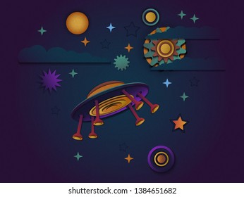 Vector illustration of a UFO or alien spacecraft flying in space.