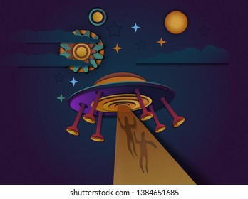 Vector illustration of a UFO or alien spacecraft flying in space. UFO abducts people.