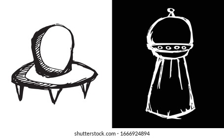 Ilustración vectorial de la nave espacial alienígena en un fondo aislado. Utilice este conjunto o conjunto de dibujos a mano o icono de esbozo para el diseño gráfico.