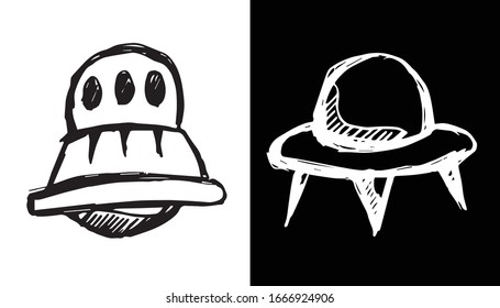 Vektorillustration Illustration des UFO-Alien-Raumschiffs auf isoliertem Hintergrund. Verwenden Sie dieses Set oder diese Kollektion von Hand-Zeichnung- oder Sketch-Symbol für Grafikdesign.