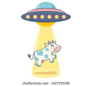 Vector illustration of a ufo and cow. Vector cartoon of a cow and ufo
