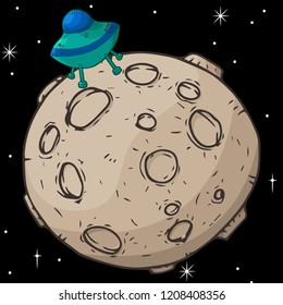 Vector illustration of a UFO crash in space. Hand drawn cartoon ufo on the moon.