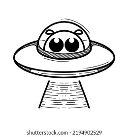 Vektorgrafik von ufo mit süßem Alien auf doodle-Stil, isolierter Hintergrund 