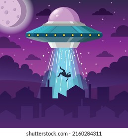 Vector illustration of UFO in dark night sky abducts human from the house.