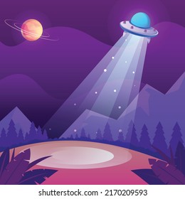 Vector illustration of UFO in dark night sky. UFO hovering in the night sky vector.