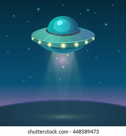 Vector illustration of UFO in dark night sky