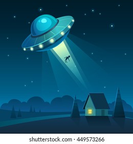 Vector illustration of UFO in dark night sky abducts human from the house.