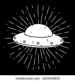 Vector illustration with a UFO and divergent rays on blackboard. Used for poster, banner, web, t-shirt print, bag print, badges, flyer, logo design and more. Cartoon UFO