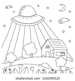 Vector illustration of UFO. Doodle space, house, nature. Modern line illustration for coloring pbooks.