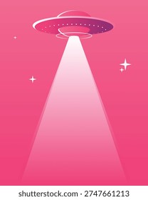 vector illustration of a UFO emitting a beam of light in a minimalist flat style with pink gradation