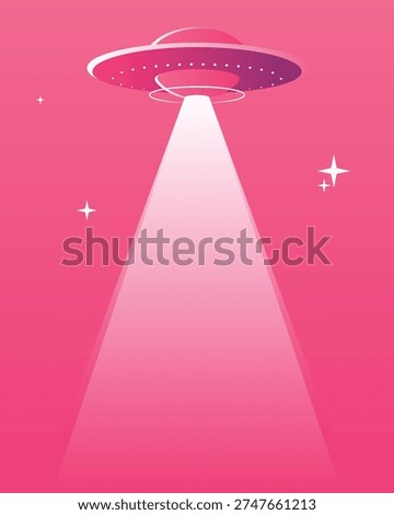 vector illustration of a UFO emitting a beam of light in a minimalist flat style with pink gradation