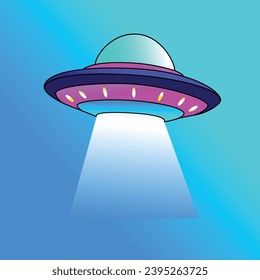 Vector illustration UFO in flat style. Ultra violet UFO with lights. Alien space ship. Futuristic unknown flying object.
