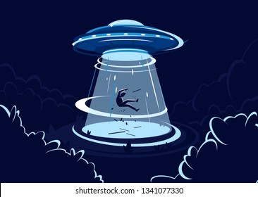 vector illustration of ufo flying saucer, kidnapping, unidentified flying object in the air