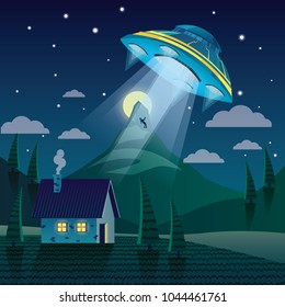 Vector illustration of a UFO kidneping human from cabin in the woods