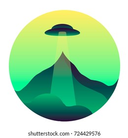 Vector illustration ufo and landscape in circle green and yellow color