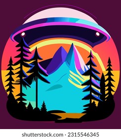 vector illustration of ufo and mountain