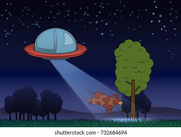 Vector illustration: UFO at night steals a cow tied to a tree