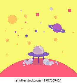 Vector illustration of UFO on the red planet in the colorful universe