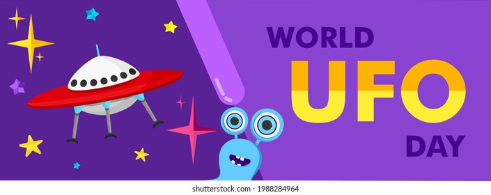 Vector illustration of a ufo plane, a flying saucer, with stars and humanoids. You can apply it to a poster template or banner. World Ufo Day.