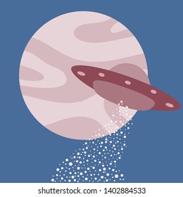 Vector illustration with UFO, planet. Space exploration. Ufo flying spaceship. World UFO Day. Flying saucer.