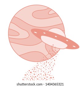 Vector illustration with UFO, planet. Space exploration. Ufo flying spaceship. World UFO Day. Flying saucer.