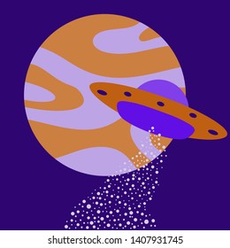 Vector illustration with UFO, planet. Space exploration. Ufo flying spaceship. World UFO Day. Flying saucer.