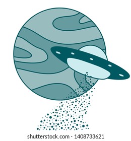 Vector illustration with UFO, planet. Space exploration. Ufo flying spaceship. World UFO Day. Flying saucer.