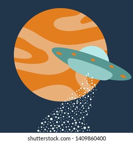 Vector illustration with UFO, planet. Space exploration. Ufo flying spaceship. World UFO Day. Flying saucer.