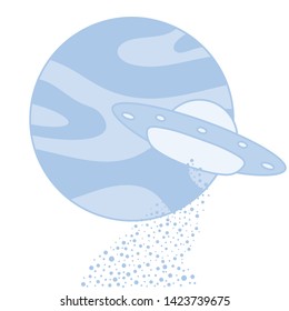 Vector illustration with UFO, planet. Space exploration. Ufo flying spaceship. World UFO Day. Flying saucer.