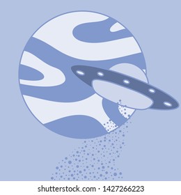 Vector illustration with UFO, planet. Space exploration. Ufo flying spaceship. World UFO Day. Flying saucer.