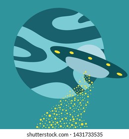 Vector illustration with UFO, planet. Space exploration. Ufo flying spaceship. World UFO Day. Flying saucer.
