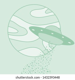 Vector illustration with UFO, planet. Space exploration. Ufo flying spaceship. World UFO Day. Flying saucer.