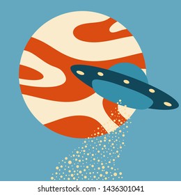 Vector illustration with UFO, planet. Space exploration. Ufo flying spaceship. World UFO Day. Flying saucer.