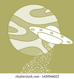 Vector illustration with UFO, planet. Space exploration. Ufo flying spaceship. World UFO Day. Flying saucer.