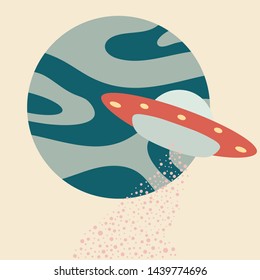 Vector illustration with UFO, planet. Space exploration. Ufo flying spaceship. World UFO Day. Flying saucer.