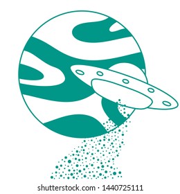 Vector illustration with UFO, planet. Space exploration. Ufo flying spaceship. World UFO Day. Flying saucer.
